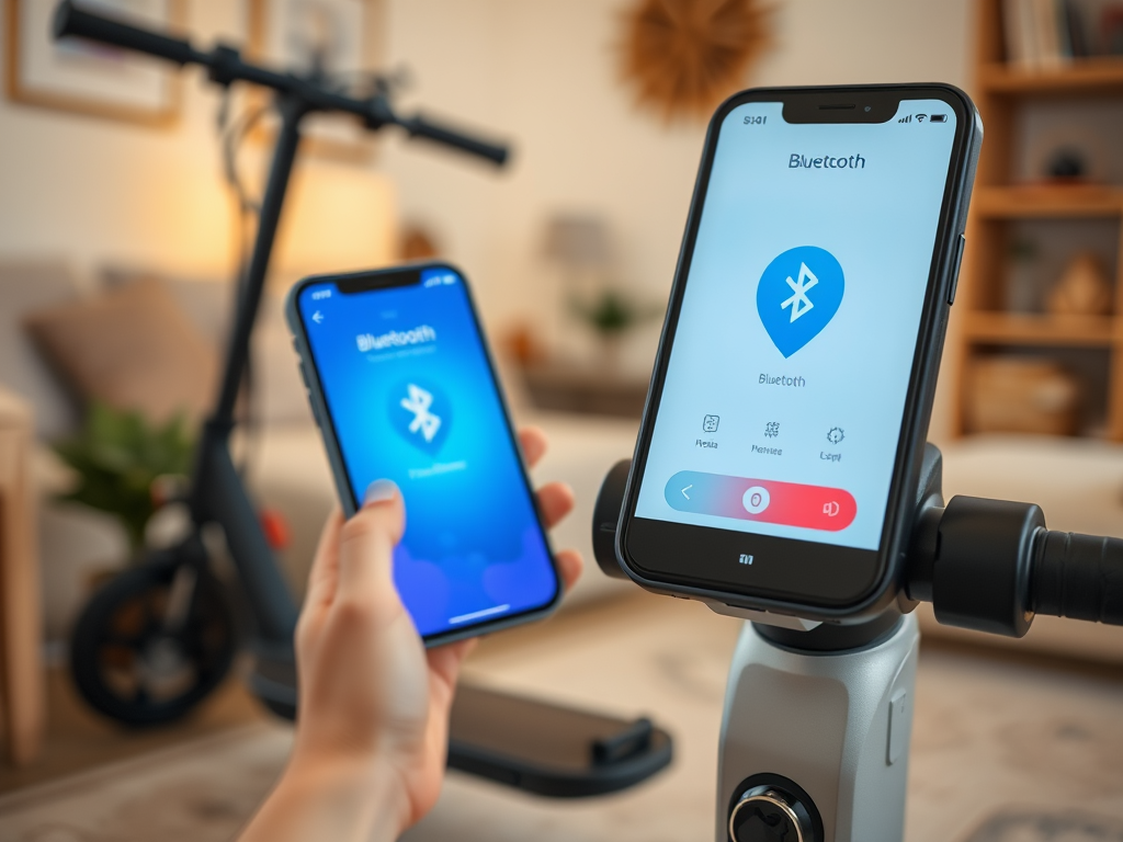 На изображении два смартфона с включенным Bluetooth, рядом электросамокат в уютной обстановке.